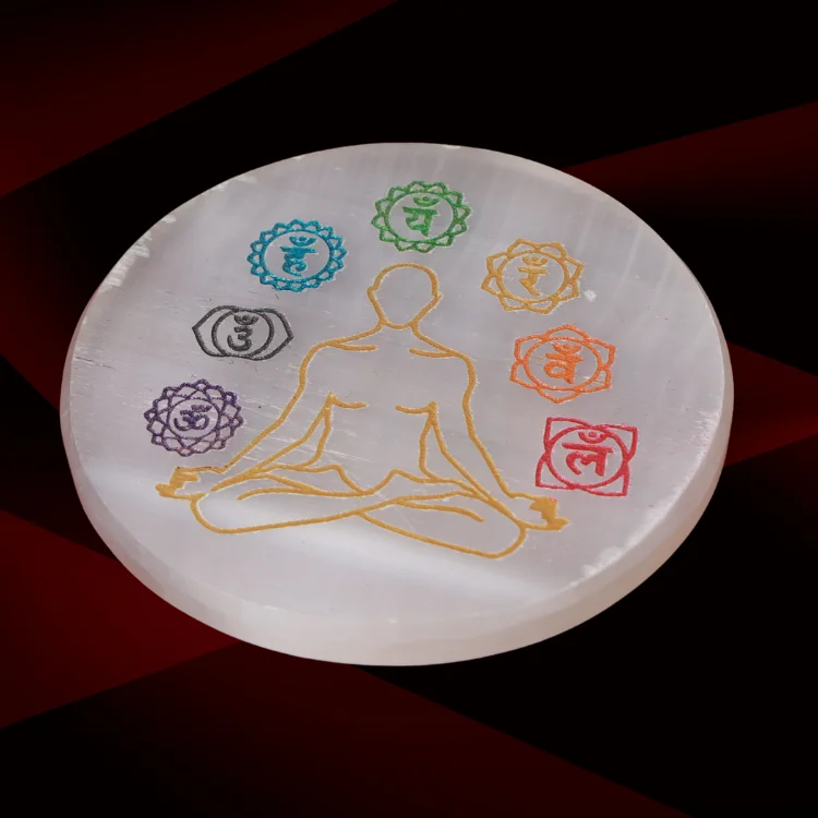 Natural Selenite Crystal Charging Plate  with 7 Chakra Symbol